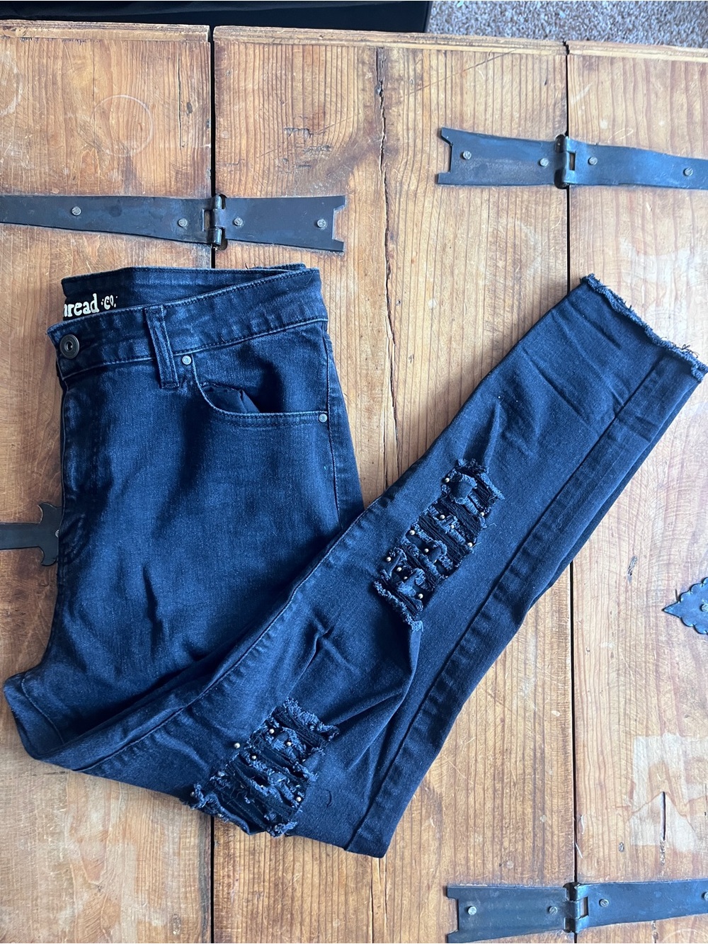Women's Black Skinny Distressed Jeans with‎ Bead Embellishment